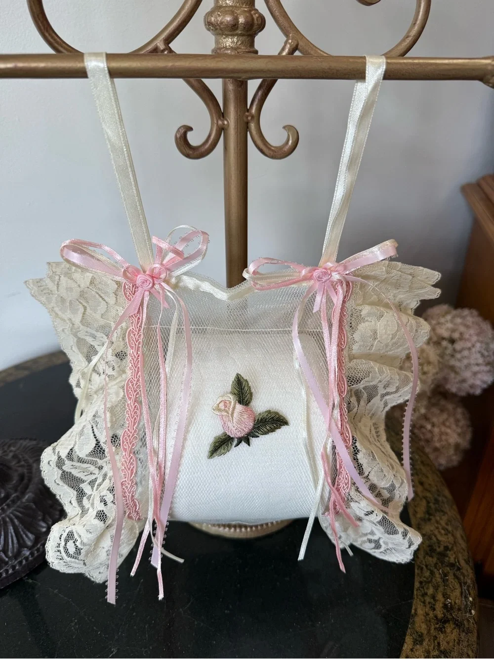 🩷 Hand Crafted Pink and Cream Floral Lace Hand Towel and Sachet Set 🩷